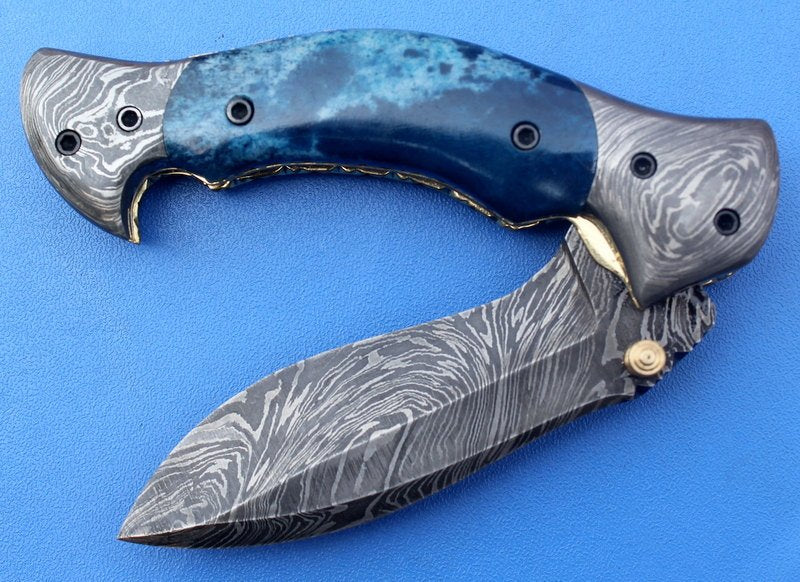 HTK-130 Damascus Knife / Hand Made / Custom / Colour Camel Bone handle / Damascus steel bolster / Liner Lock - HomeTown Knives