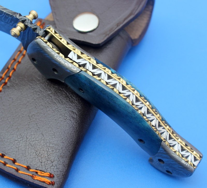 HTK-130 Damascus Knife / Hand Made / Custom / Colour Camel Bone handle / Damascus steel bolster / Liner Lock - HomeTown Knives