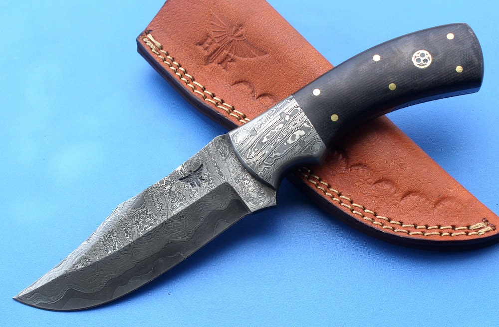 HT-35  Damascus Knife custom handmade Skinner Knife / Micarta / Sanmai Pattern / Great Quality / Camping / Hunting game - HomeTown Knives