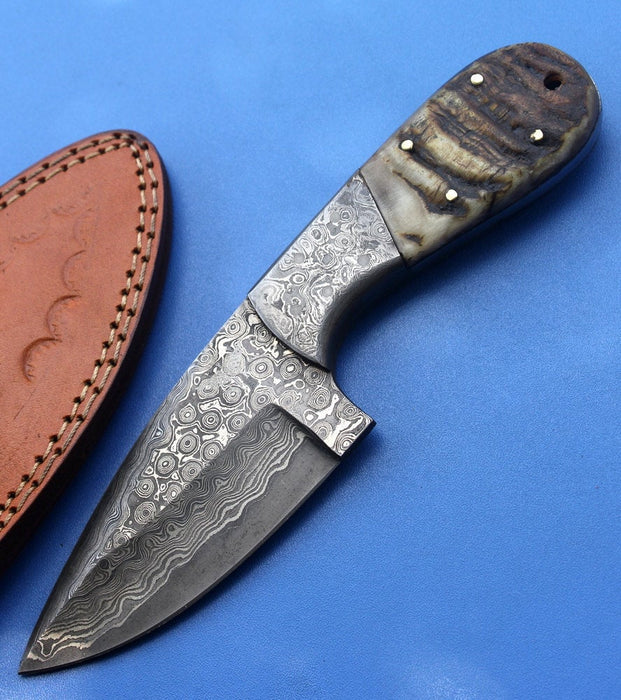 HTK -142 custom handmade Damascus Skinner Knife / Ram Horn Handle / Sanmai Rain Drop Pattern / Camping / Hunting - HomeTown Knives