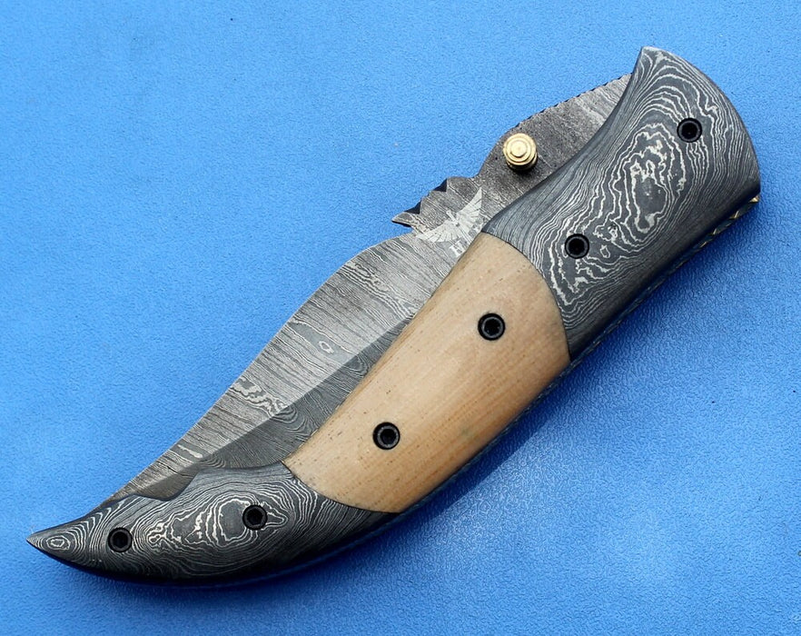 HTK -147  Damascus Knife custom handmade Folder /  Micarta handle / Damascus steel bolster / Liner Lock - HomeTown Knives