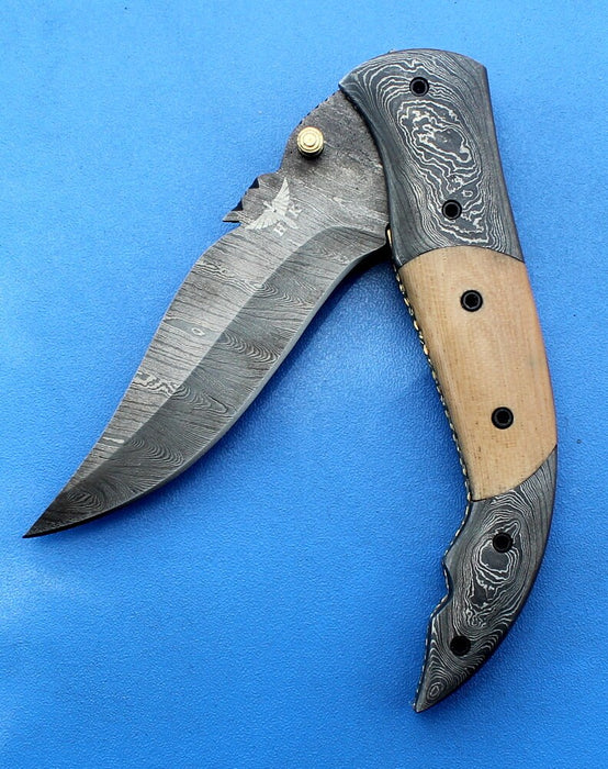 HTK -147  Damascus Knife custom handmade Folder /  Micarta handle / Damascus steel bolster / Liner Lock - HomeTown Knives