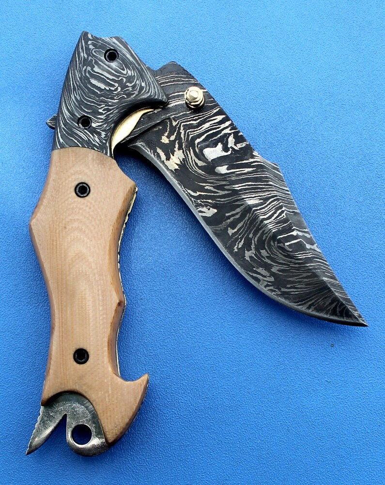 HTK -149  Damascus Knife custom handmade Folder /  Micarta handle / Damascus steel bolster / Liner Lock
