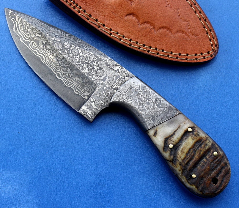 HTK -142 custom handmade Damascus Skinner Knife / Ram Horn Handle / Sanmai Rain Drop Pattern / Camping / Hunting - HomeTown Knives