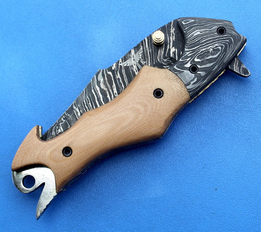 HTK -149  Damascus Knife custom handmade Folder /  Micarta handle / Damascus steel bolster / Liner Lock