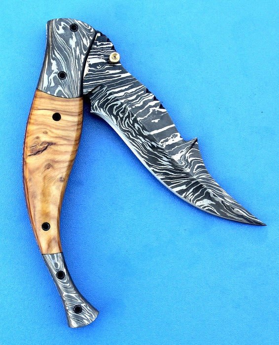 HTK-207 Damascus knife  Custom Hand Made / Olive Wood handle / Damascus steel bolster / Liner Lock - HomeTown Knives