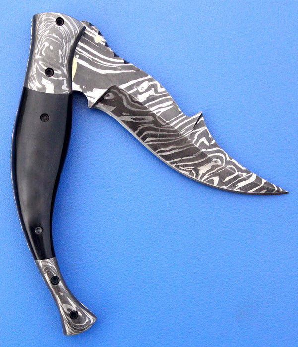 HTK 218 Damascus NAVAJO Folder / Pocket Knife / Handmade / Custom / Forged / Bull Horn / Hand Filed Spine / UTILITY - HomeTown Knives