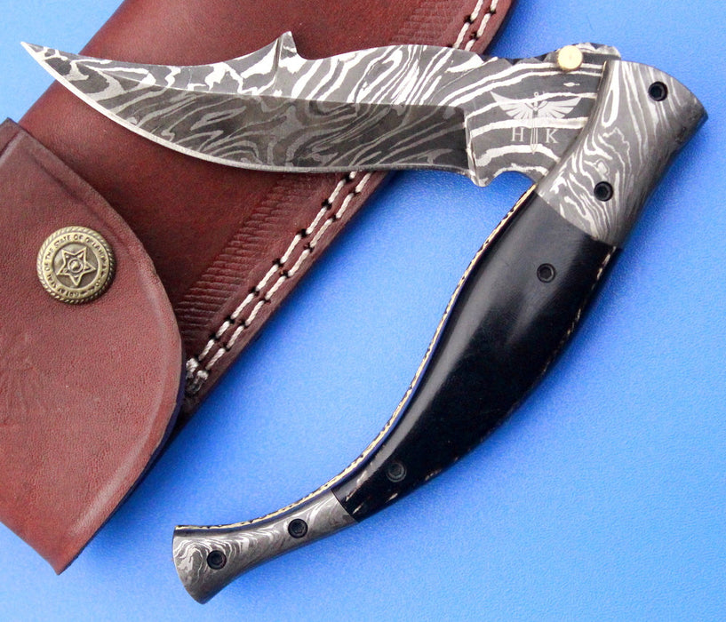 HTK 218 Damascus NAVAJO Folder / Pocket Knife / Handmade / Custom / Forged / Bull Horn / Hand Filed Spine / UTILITY - HomeTown Knives