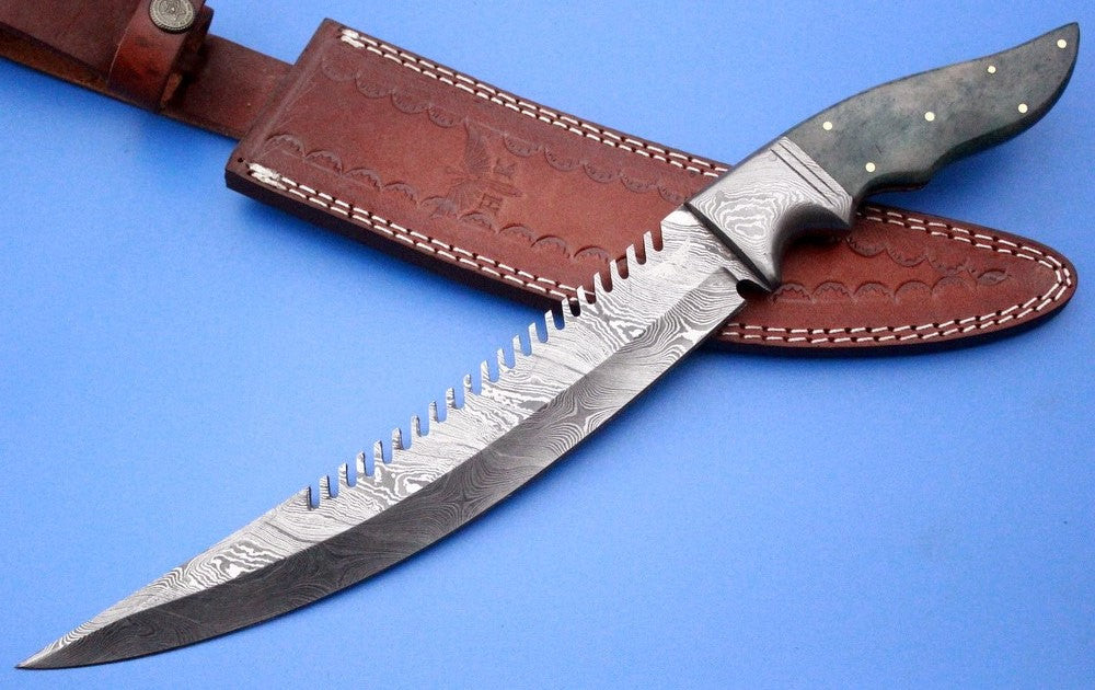HTK 221 Damascus Persian FIELD Knife / Handmade / Custom / Forged / Bull Horn / Hand Filed Spine / Camping - HomeTown Knives