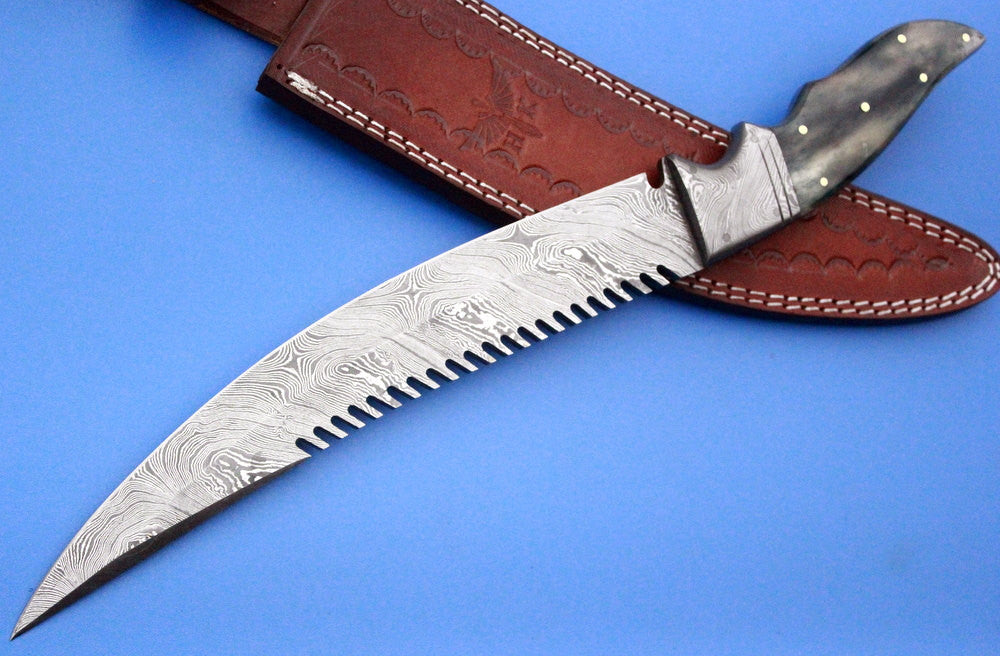 HTK 221 Damascus Persian FIELD Knife / Handmade / Custom / Forged / Bull Horn / Hand Filed Spine / Camping - HomeTown Knives