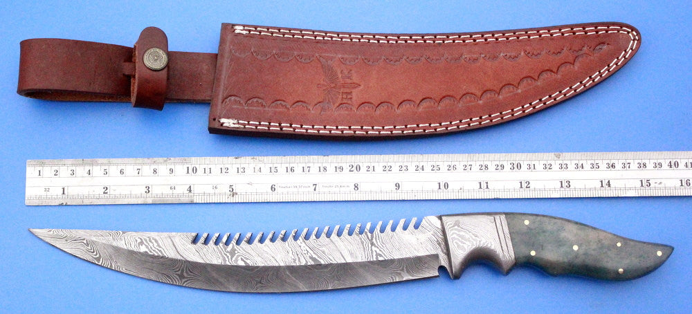 HTK 221 Damascus Persian FIELD Knife / Handmade / Custom / Forged / Bull Horn / Hand Filed Spine / Camping - HomeTown Knives