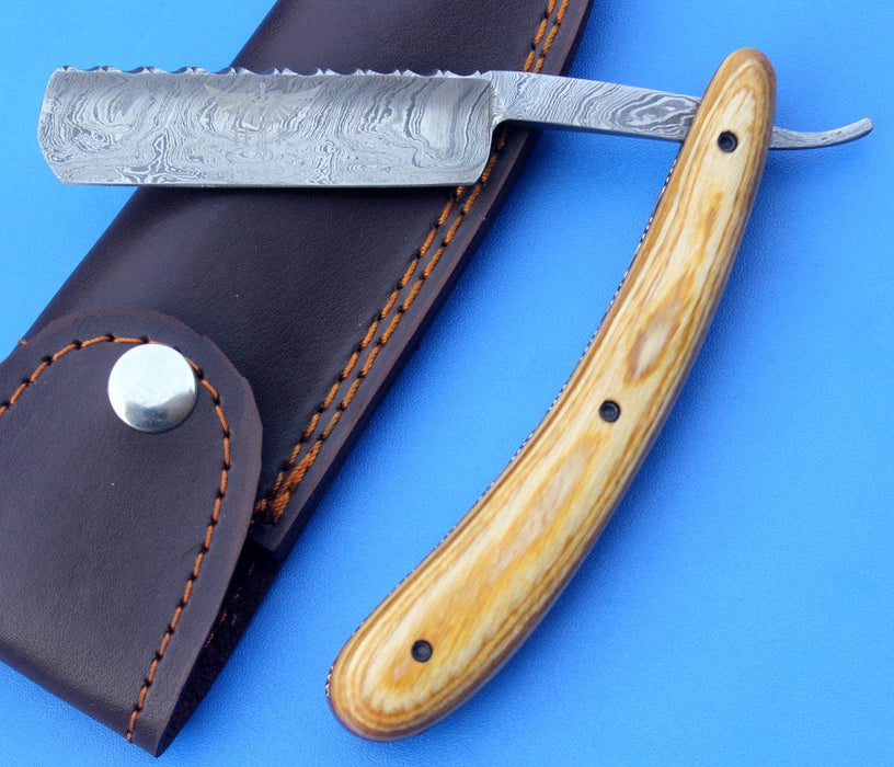 HTK 231 Damascus Straight Razor  / SHAVE / Handmade / Custom / Forged / Olive Wood Handle / Hand Filed Spine / UTILITY - HomeTown Knives