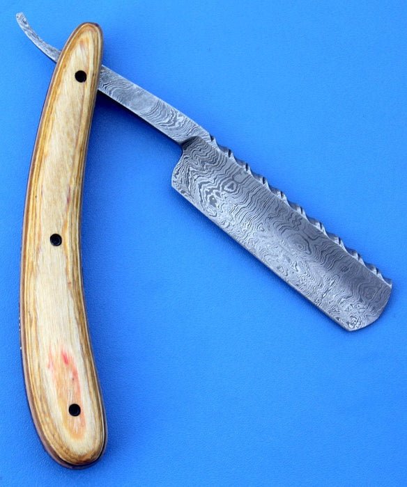 HTK 231 Damascus Straight Razor  / SHAVE / Handmade / Custom / Forged / Olive Wood Handle / Hand Filed Spine / UTILITY - HomeTown Knives