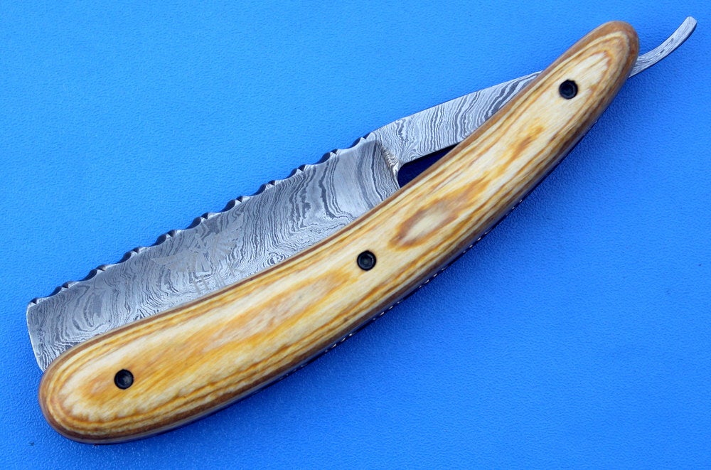 HTK 231 Damascus Straight Razor  / SHAVE / Handmade / Custom / Forged / Olive Wood Handle / Hand Filed Spine / UTILITY - HomeTown Knives